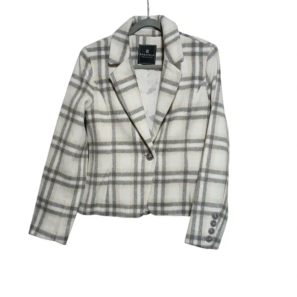BAGATELLE COLLECTION Women's Plaid Blazer Jacket Cream Gray Size M Single Button - Picture 2 of 12